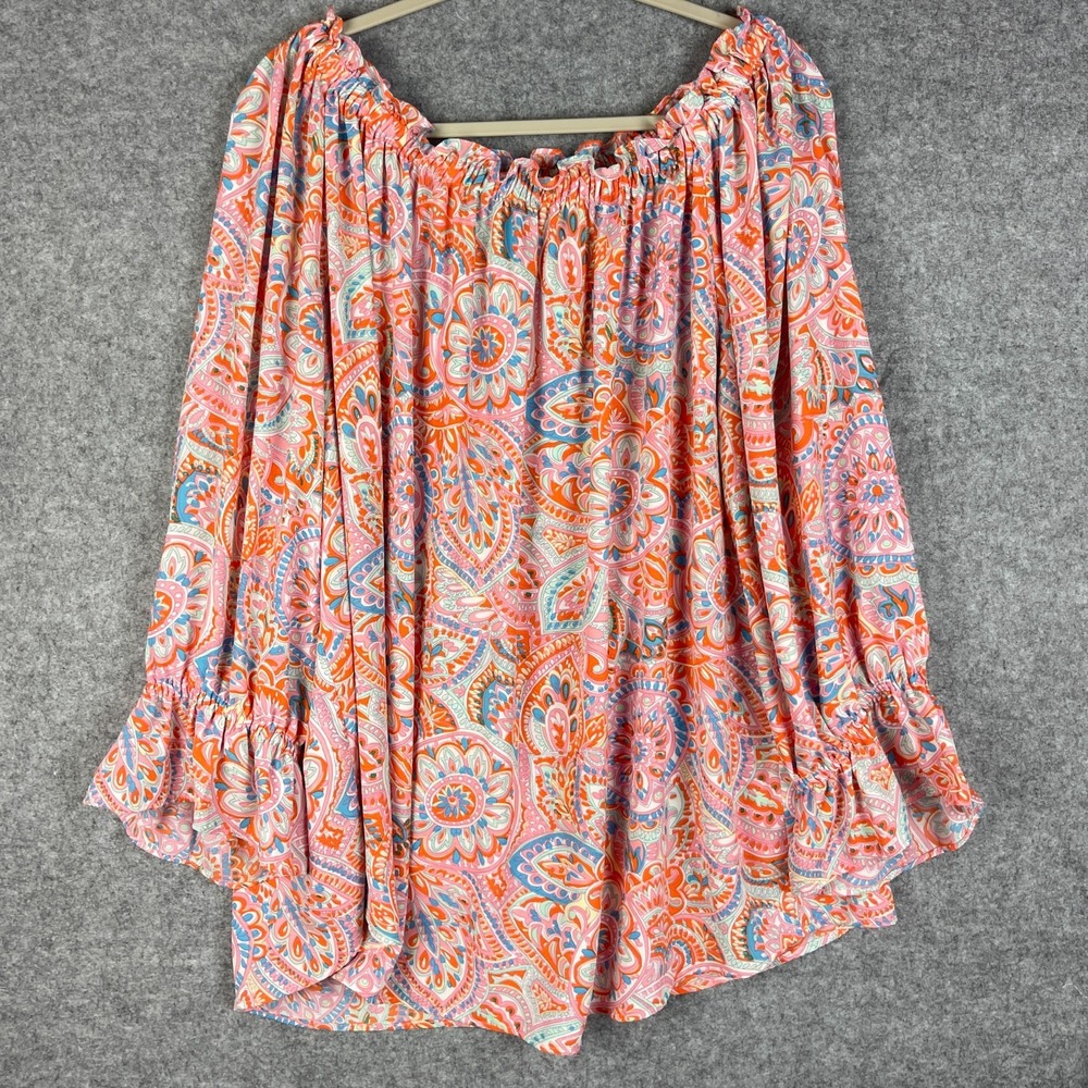 Talbots Tunic Top Womens 3X Orange Paisley Ruffle Flowy Relaxed Boho Peasant